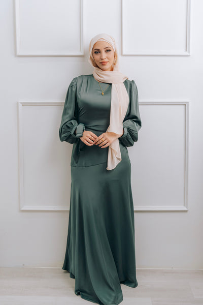 FARAH SATIN DRESS DUSTY TEAL- final sale – DEMURE HIJABS