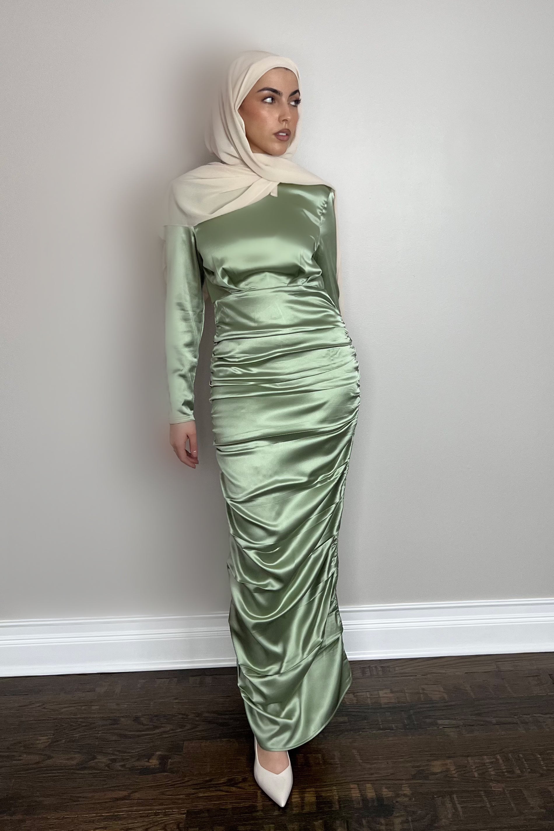 HANA SATIN DRESS SAGE- final sale