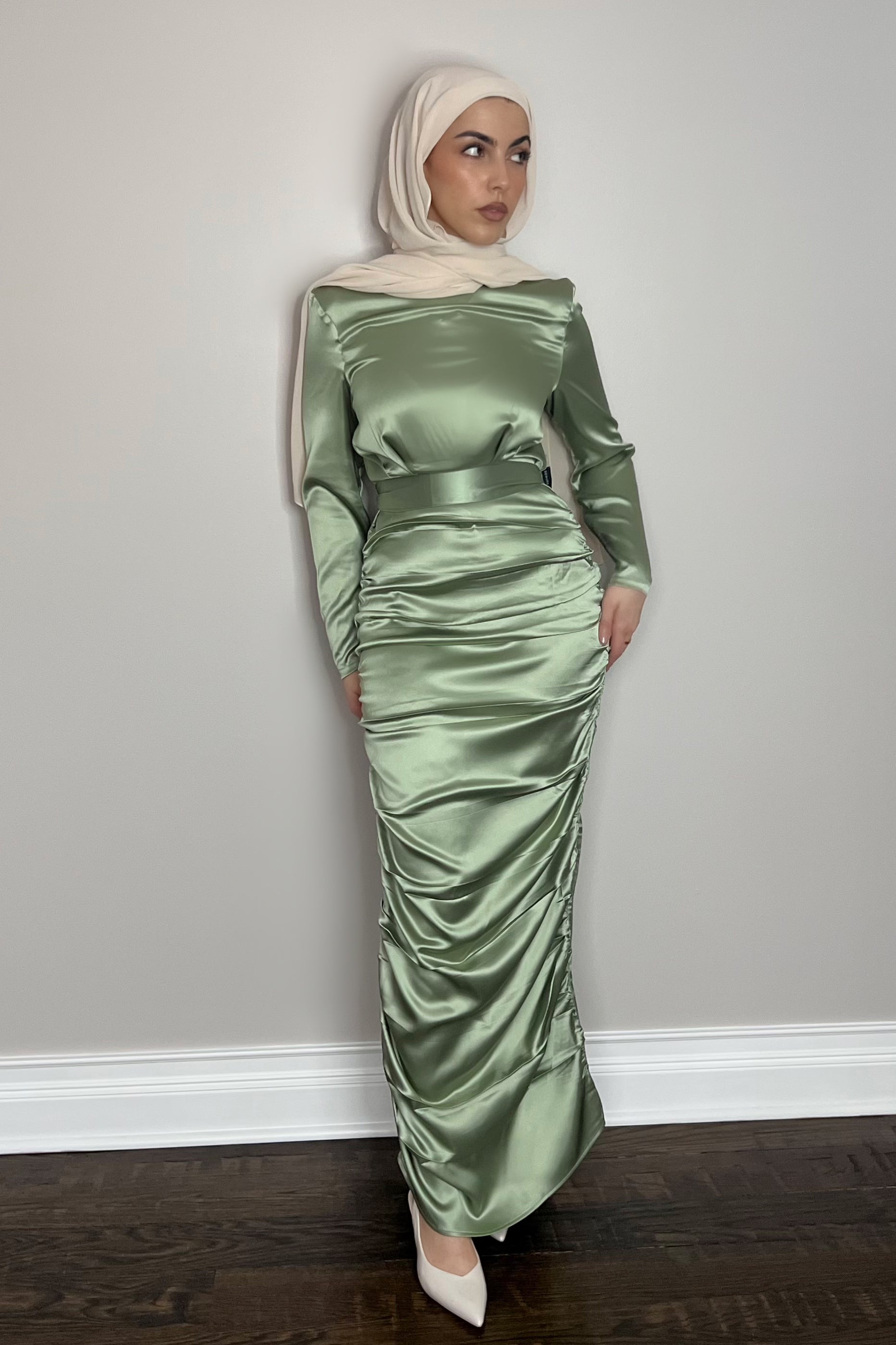 HANA SATIN DRESS SAGE- final sale