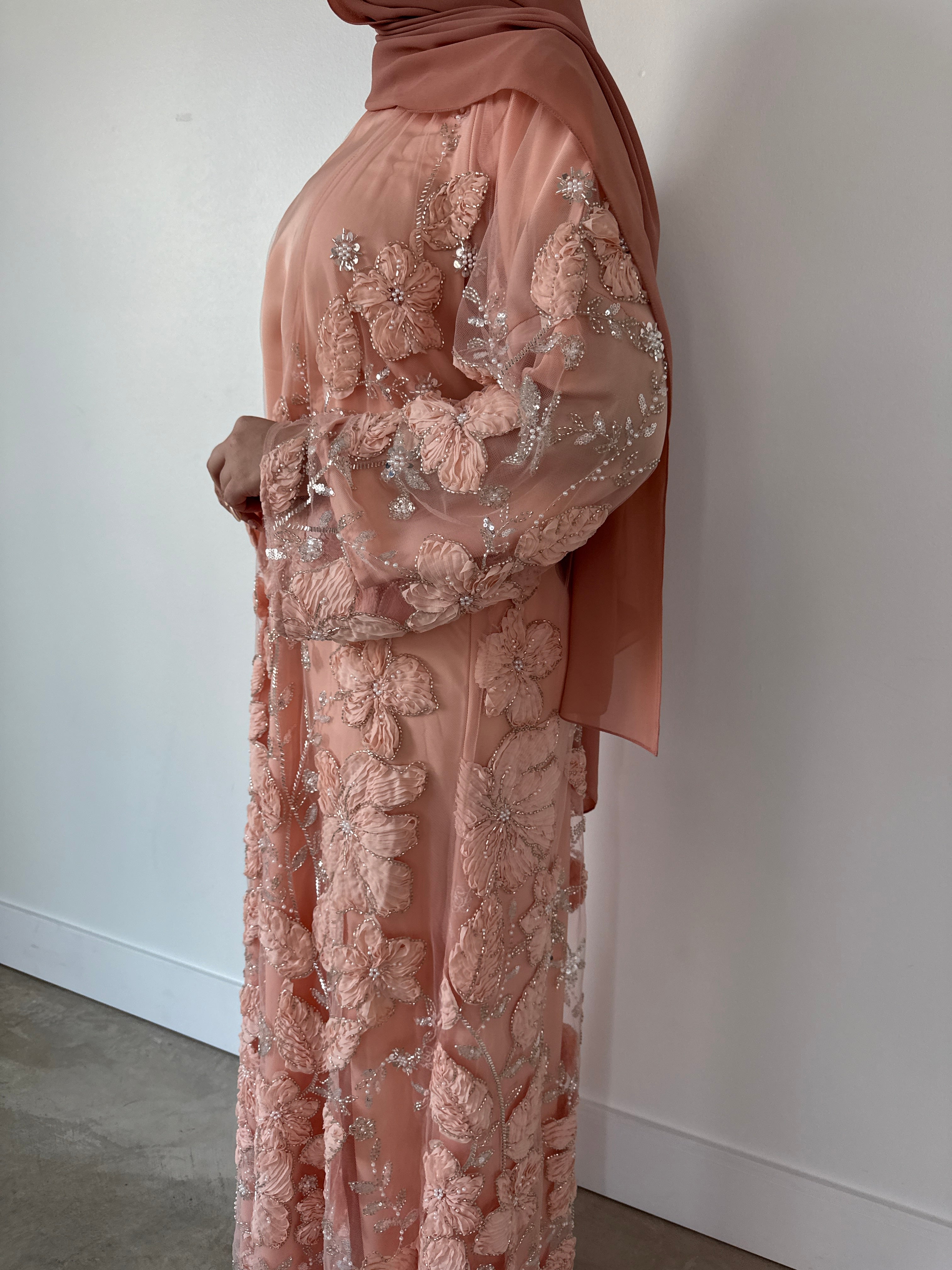 EMBELLISHED ABAYA SET PEACHY PINK