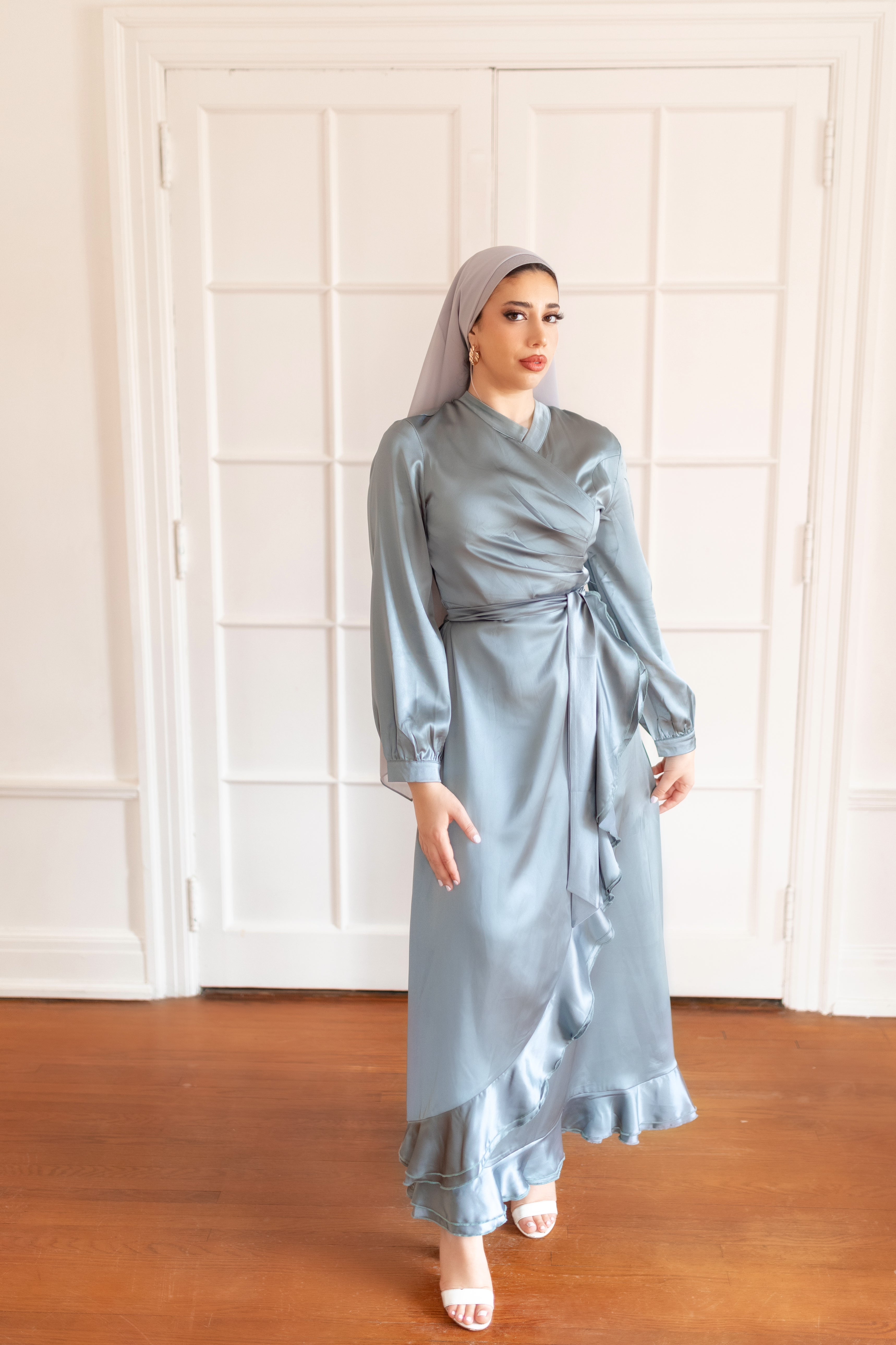 FARAH SATIN DRESS DUSTY TEAL- final sale