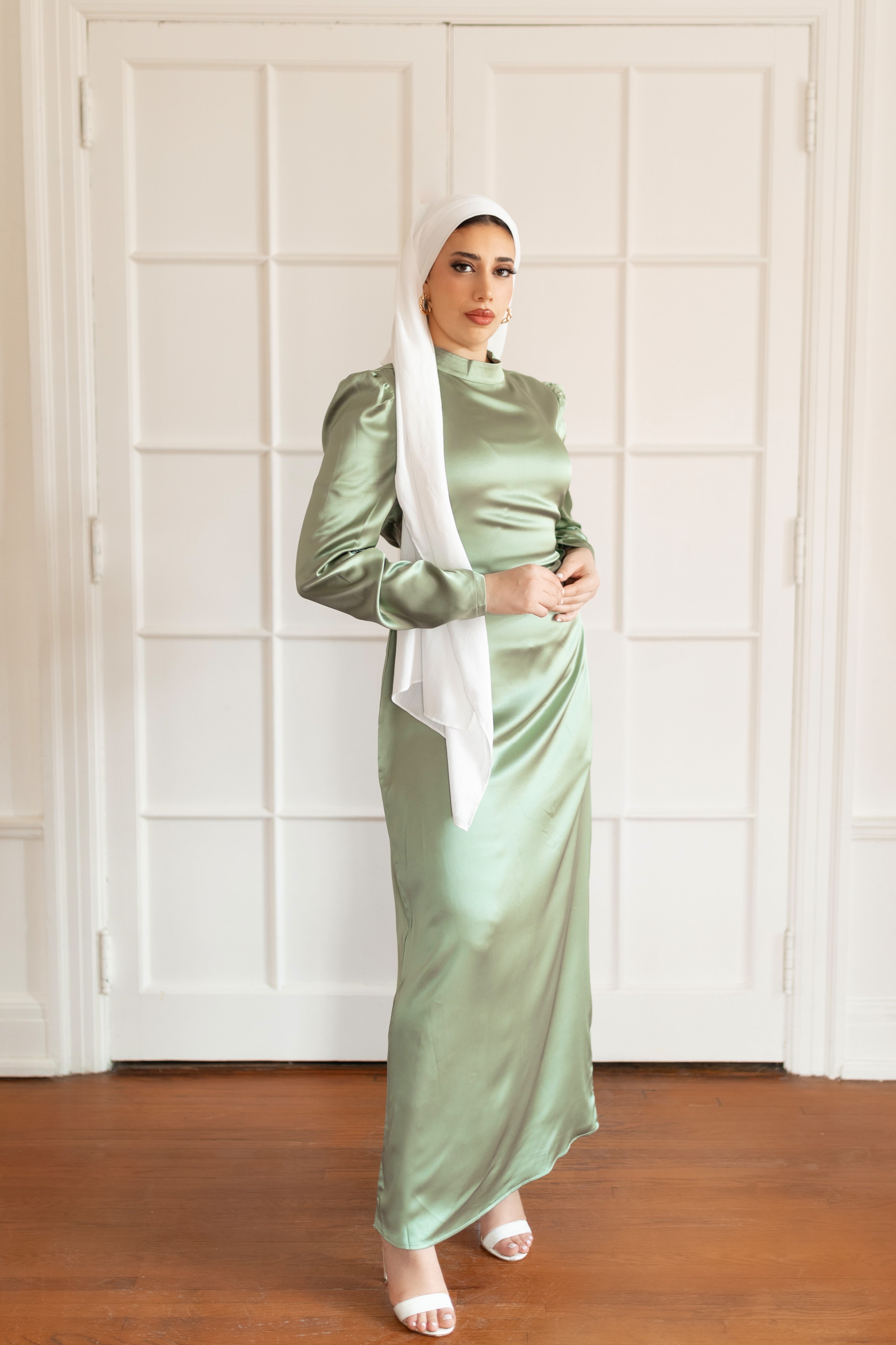 MAYA SATIN DRESS SAGE final sale DEMURE HIJABS